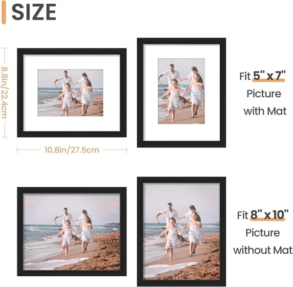 Upsimples 8x10 Picture Frame, Display Pictures 5x7 with Mat or 8x10 Without Mat, Wall Hanging Photo Frame, Black, 1 Pack - Image 3