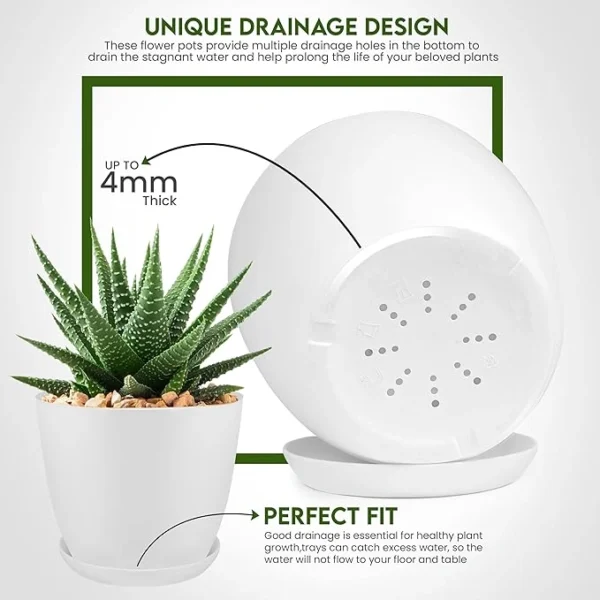 Utopia Home - Plant Pots with Drainage - 7/6.6/6/5.3/4.8 Inches Home Decor Flower Pots for Indoor Planter - Pack of 5 Plastic Planters, Cactus, Succulents Pot - White - Image 5